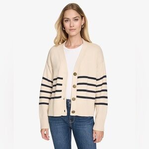 Nautica Beige and Navy Striped Button Up Fall Cardigan Sweater Women’s Size S